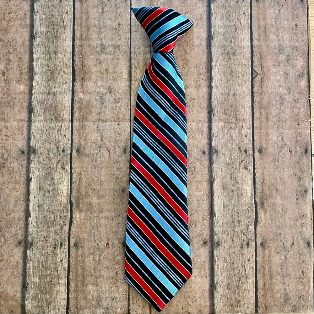 Vintage George Blue Black Red Striped Boys Clip On 11” Neck Tie Youth